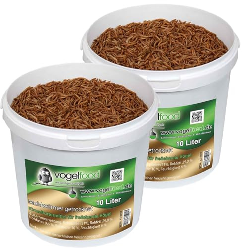 getrocknete Mehlwürmer in 2x10 Liter = 20 L im Eimer, Protein- und fettreich, verfeinert und gesiebt, für Fische, Nager, Vögel, Reptilien, auch Koifutter oder Igelfutter