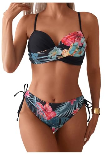 GORGLITTER Women's Push Up Bikini Set Underwire Floral Tie Side Hipster Swimsuits 2 Piece Swimwear Black Small