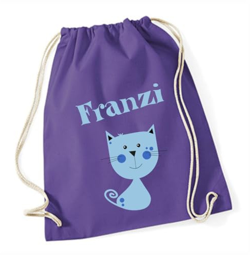 minimutz Turnbeutel Katze Kinder - Personalisiert mit Namen - Kinder Stoffbeutel Rucksack zum Zuziehen - Sportbeutel Baumwolle zum Zuziehen - 12L - 37x46cm (lila)