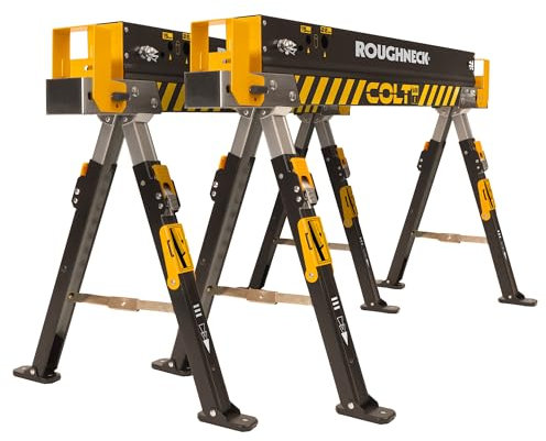 ROUGHNECK® COLT 600E Sawhorse, Heavy Duty Steel Construction, Weight-Baring Capacity 589kg Each, 1178kg Per Pair with Height Adjustable Legs for Woodworking & Construction – 2 Pack