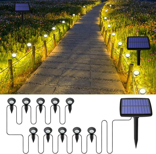 Luces Solares LED, Luces Exterior Jardin 10 LED, Impermeable IP44 Lámparas Solares Exterior, Blanco Cálido 3000K Decoración de Iluminación al Aire, Para Jardín, Patio, Caminos, Árboles, Piscinas