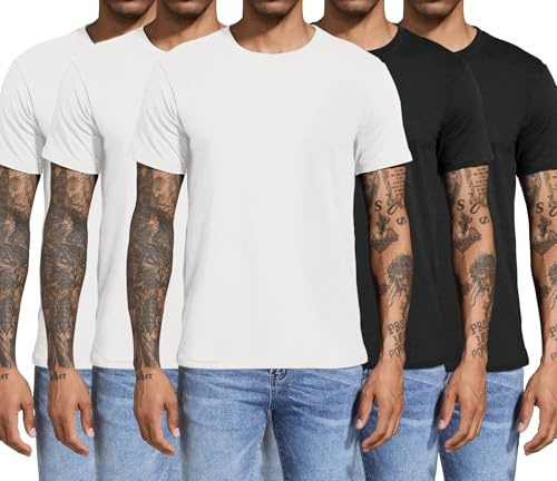 Boyzn Män 3 eller 4-pack bomulls-t-shirts, kortärmad rund hals sportt-shirts, bomull gym träning löpning tröjor för män, 5-pack-2 svart/3 vit, XL