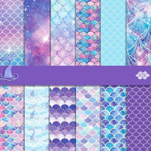 MIATTCLD Dekorpapier mit Meerjungfrau Muster, 24 Blatt/12 Designs Doppelseitiges Bastelpapier Decoupage Papier Kartenpapier Scrapbooking Papier