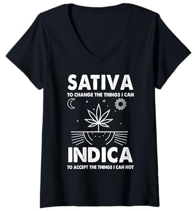 Femme Indica Sativa Meme Funny Weed 420 Dénoyauteur de cannabis T-Shirt avec Col en V