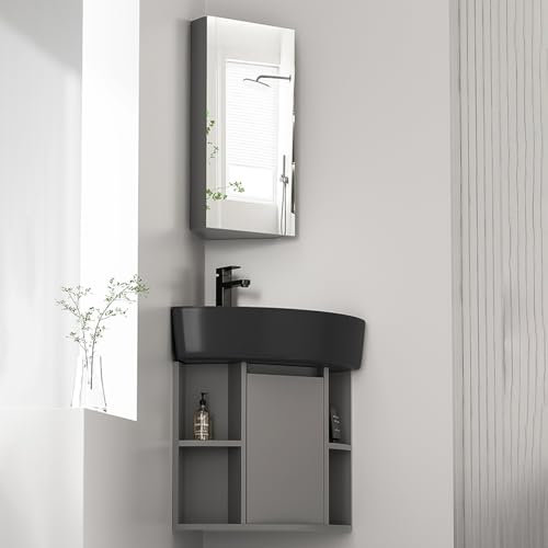 Eckwaschbecken für Badezimmer, Wandmontage, dreieckige Form, Keramik-Eckspüle, Aufbewahrungsbehälter und Schrank für kleines Badezimmer (41,9 cm)