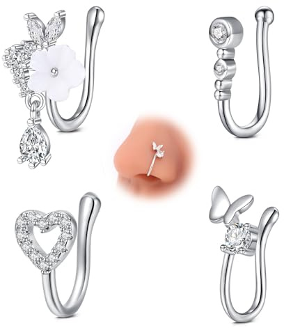 AVYRING 4 Stück Fake Nasenringe Clip-On, Verstellbarer Nasenschmuck ohne Piercing für Damen, Blume-Herz-Schmetterling-Design mit Zirkonia, Edelstahl Silber/Gold