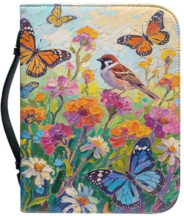 Kuiaobaty Bibeltaschen-Etui mit Vogel-Schmetterling-Griff, Ölgemälde, Blumen, Blüte, Reißverschluss, Buchumschläge, Taschenbuch, neuartiger Einband für Buch, XL