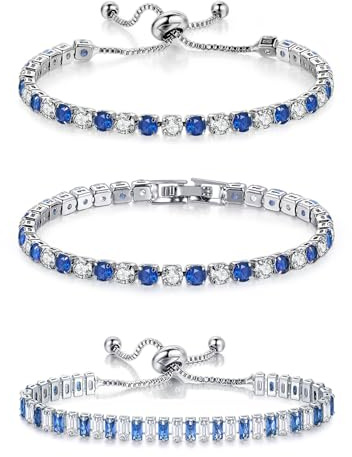 YOYUNLUO 3PCS Blue Bracelets for Women,Tennis Bracelet Set with Adjustable & Clasp Styles, Silver Platinum Plated CZ Jewelry Gift for Girlfriend, Mom, Daily & Formal Wear