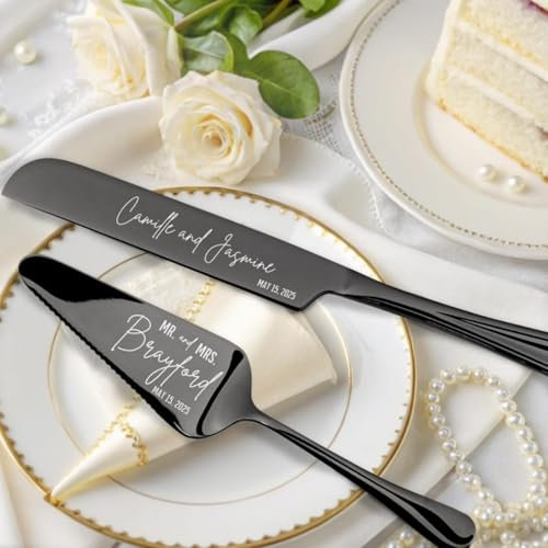 XFZDKJSD Hochzeitstortenmesser und Tortenheber, personalisiertes Hochzeitstortenschneide-Set, Brautparty-Gastgeschenk für Paare (schwarz)