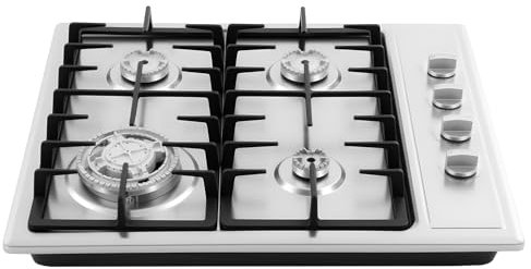 Encimera de gas empotrable de 4 fuegos, 59 cm, acero inoxidable, placa de cocina de gas, 4 zonas, gas natural/propano, hasta 5750 W, color plateado