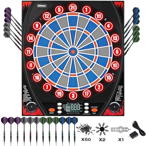Elektronische Dartscheibe, elektrische Dartscheibe für Erwachsene, Zwei Lautsprecher mit automatischer Sprachansage, High-Definition-LCD-Display, inklusive 12 Soft-Tip-Darts (Mit Lampe)