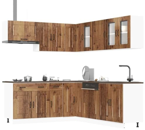 Emmtore 11-TLG.Küchenschrank-Set Holzwerkstoff,Küchenzeile Einbauküche, Schrank-Set,Unterschrank,Küchenschrank,Hängeschrank,Altholz