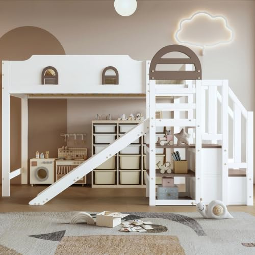 Merax Lit superposé avec toboggan, lit pour enfant avec fenêtre, escalier avec espace de rangement et main courante, lit cabane en pin et MDF, blanc, 90 x 200 cm, certifié EN-747