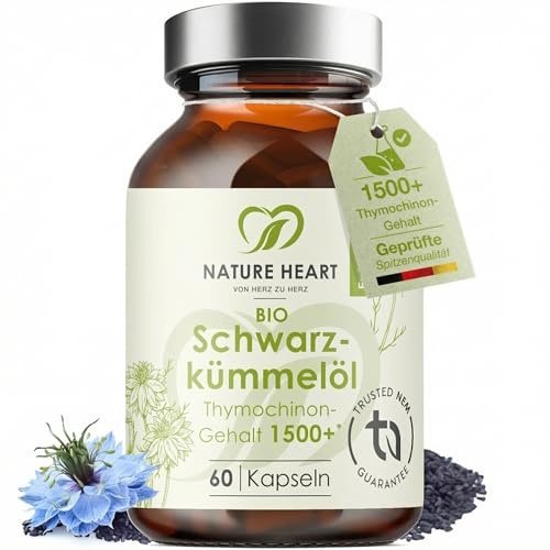 Nature Heart Bio Schwarzkümmelöl 60 Kapseln – 1500+ Thymochinongehalt – hochdosiert, kaltgepresst, vegan – naturreines Schwarzkümmelöl - Nigella sativa – ohne Zusatzstoffe