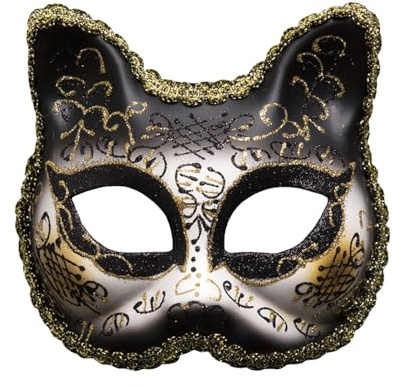 Demi-masque vénitien pour carnaval, bal masqué, visage de chat, cosplay – Accessoire de costume élégant en plastique pour Mardi Gras, Halloween et événements à thème