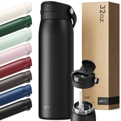 KIVY Edelstahl Trinkflasche mit Strohhalm 1l - Spülmaschinenfest & BPA-Frei | 24h Kalt | 12h Heiß - Ausflaufsicher - Isolierte Trinkflasche Sport - Thermo - Wasserflasche Edelstahl - Thermosflasche