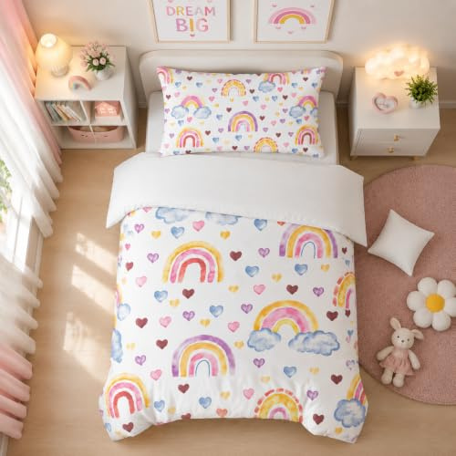 ROZTYLJ Kids Duvet Cover Sets 120 x 150cm for Girls, Rainbow-Heart Patterned Toddler Bedding with Zip, Microfibre Bedding Sets with 1 pillowcase 40 x 60cm