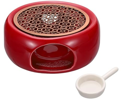 sourcing map Teapot Warmer, Ceramic Tea Warmer Ceramic Teapot Heater with Alloy Pad Tealight Holder for Heating Coffee Milk Water Heatproof Dish Warming Use, Clear Red 3 Hole Design