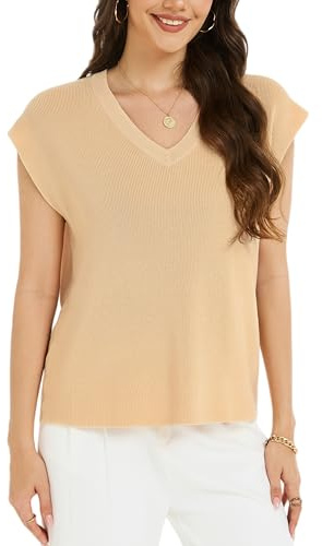 Camiseta de Punto Mujer Suéter Ligero Básico Jersey con Cuello V Manga Corta Blusa Verano Elegante Moda Top Primavera Túnica Casual Beige XL