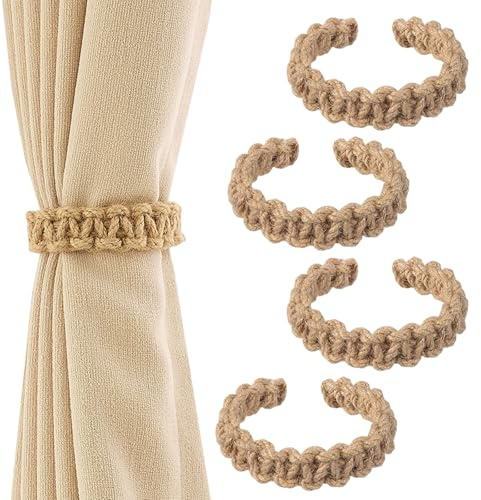 Feegela 4 stycken gardiner gardinomtag boho, gardinomtag för gardiner utan borrning, flätad gardinhållare 24 cm, gardinhållare av linne, dekorativa gardiner gardinomtag för vardagsrum och sovrum