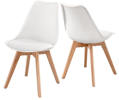 VASAGLE Esszimmerstühle aus PU-Leder und Buchenholz, Gepolsterte Küchenstühle, 2er Set, 46,5 x 57 x 79 cm, Hellwarmweiß, für Esszimmer und Büro, Lenna Kollektion KDC988WD01