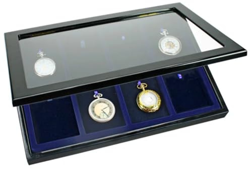 SAFE Holzvitrine für 8 Taschenuhren mit Echtglas | Wandvitrine in schwarzer Klavierlack-Optik mit königsblauem Velours, 8 Trägerkissen und Magnetverschluss