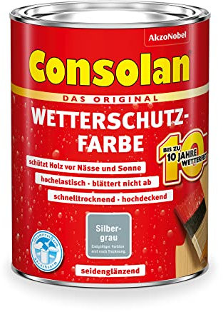 Consolan Wetterschutzfarbe, Deckender Holzschutz für Außen, Silbergrau, 750ml