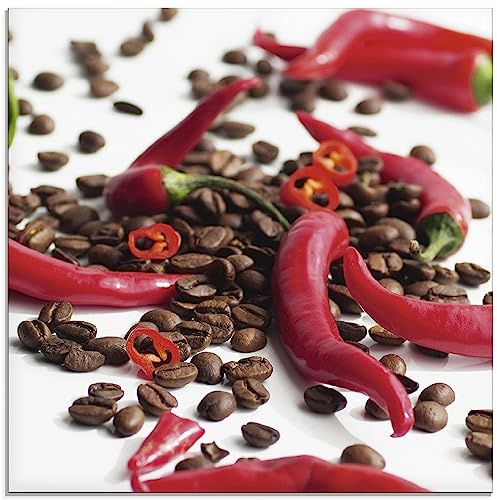 ARTland Wanddeko Glasbilder Wandbild Glas Bild einteilig Ernährung Genuss Lebensmittel Gewürz Foto Rot Frische Chili auf Kaffee S5MT