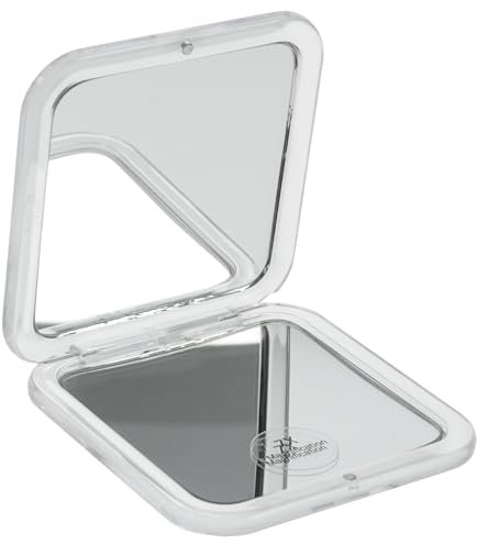 Fantasia Taschenspiegel eckig - Kunststoff Weiß, zweiseitig, normal und 7-fache Vergrößerung, 8,5 x 8,5cm, handlicher Klappspiegel