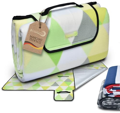 Beautissu Couverture Pique Nique Impermeable 200x200 cm Vert Bella – Plaid Tapis Pique Nique Nappe Picnic Portable pour Camping, Jardin Couverture de Plage avec Poignée