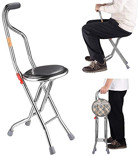 Folding Walking Stick with 9 Padded Seat Portable Stainless Steel Quadripod Support Cane Chair Stool with Anti-Slide Feet for Elderly Limited Mobility Physical Rehabilitation(Quadripod Cane Stool)