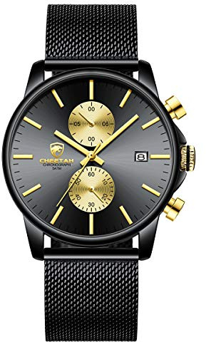Herrenuhr Mode Sport Quarz Analog Mesh Edelstahl wasserdichte Chronographen Uhren, Auto Date in Gold Zeiger, Farbe: Gold Schwarz