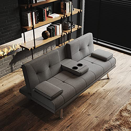 ELEGANT Modern Dark Gray Fabric Sofa Bed with 2 Cup Holders & Removable Pillow Fireproof Sponge Recliner Sleeper for Living Room Guest Room, 1820x830x790mm