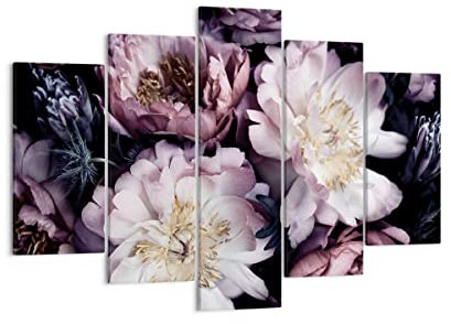 Bilder auf Leinwand 150x100cm Leinwandbild Pfingstrosen Veilchen Blumen Groß XXL Wanddeko Bild Schlafzimmer Set 5 teilige Wandbilder Dekoration Wohnzimmer Canvas Wand Kunstdruck Art EA150x100-5076