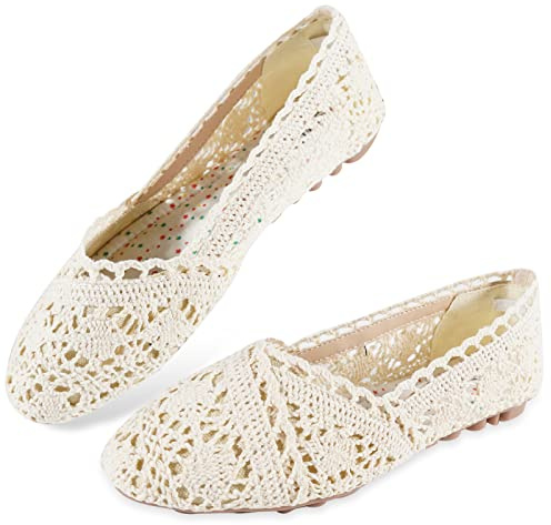 MACHSWON Women's Casual Pointed Toe Ballet Pumps Cut Out Slip On Ballerina Lace Flats Shoes (Apricot, Size 5)
