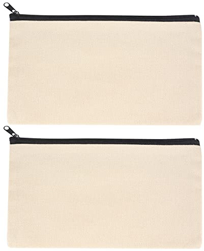 2 Pcs Canvas Makeup Bags, Canvas Pencil Pouch Bags with Zipper, Blank DIY Craft Make Up Cosmetic Pouches Bags Cases for Travel Craft School Toiletry Bags Pouches - White