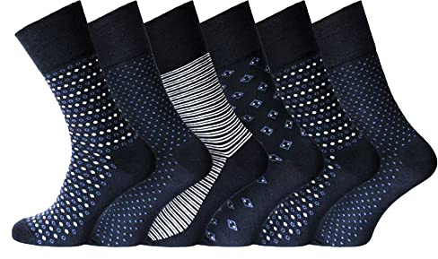 Diabetic Socks Mens 6 Pairs – Mens Cotton Socks Gentle Grip Non Elastic Socks for swollen feet | Smooth Toe Seem | Non Elastic Cuff | 6-11 one size UK (Navy Patterned 6 Pairs)