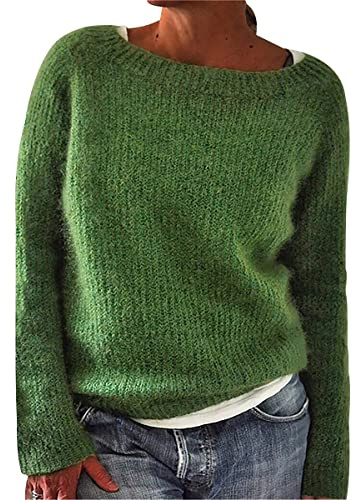 Pull Grosse Maille Femme Tricot Oversize Pullover Ample Torsade Grande Taille Hiver Pull-Over Torsadé Manche Longue Chaud Vintage Large Sweater Col Rond Vert S