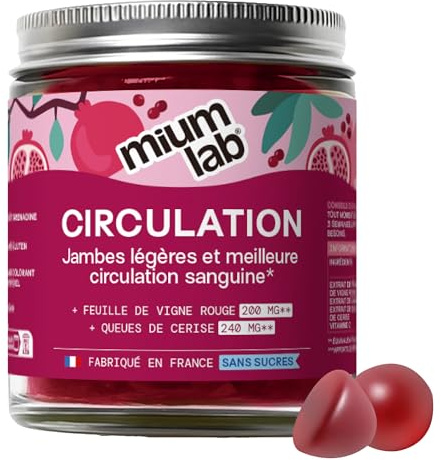 Mium Lab - Circulation sanguine, Jambes lourdes, Élimination de l’eau - Plantes (Vigne Rouge, Cassis & Queues de Cerises) Vitamine C - Gummies Sans Sucres - Cure 21 jours - Fabriqué en France