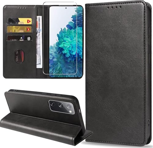 ZYIMOU Handyhülle für Samsung Galaxy S20 FE / S20 FE 5G Hülle mit Schutzfolie, Leder Schutzhülle Standfunktion Kartenfach Wallet Klapphülle Samsung Galaxy S20 FE / S20 FE 5G Flip Case Cover, Schwarz