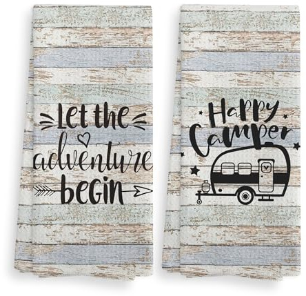 Camper Camping Kitchen Towels and Dishcloths Sets of 2,Campsite Cabin RV Absorbent Drying Cloth Hand Towels Tea Towels for Bathroom Kitchen,Gifts for Campers Camping Lovers,16×24 inches