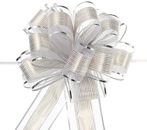 sourcing map 10 Stück Große Geschenkschleife, Ziehschleife ø 17cm Matt Geschenk Schleife, Dekoschleifen für Auto Dekor geschenkdekoration Hochzeit Geburtstag Verpackung Weihnachten (Silber)