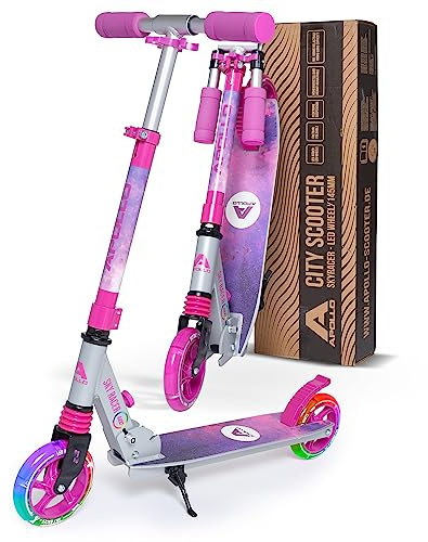 Apollo Skyracer City Roller med LED-lysande cyklar, skoter för barn från 6 år, stadsskoter med fjädringar, sparkcykel för barn och tonåringar, vikbar och justerbar i höjd