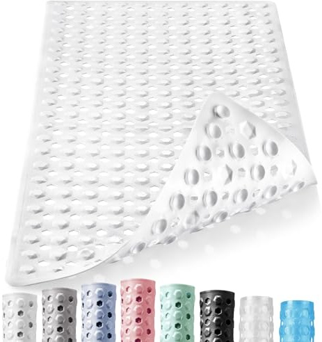DOPROP NON Slip Shower Mat for Inside Extra Long Anti Slip Bathtub Mat for Elderly Children Vinyl Bath Mats Rugs Runners with Strong Suction Cups Drain Holes White Bathroom Accessories,88X40CM