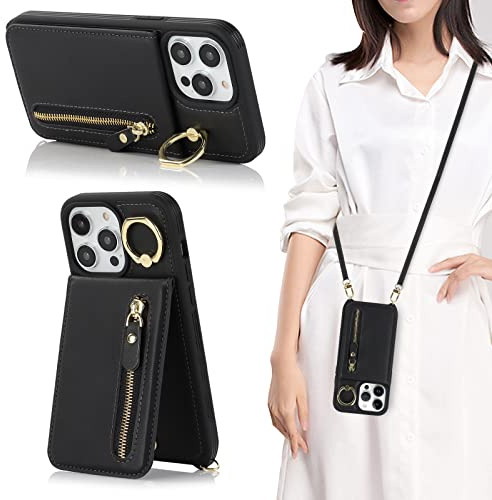 CAVOR Handykette Handyhülle Kompatibel mit iPhone 13 Pro Hülle Mit Band,Flip Leder Geldborse Hülle,[4 Kartenfach][Mit Ring][Reißverschluss],Handytasche zum Umhängeband - Schwarz