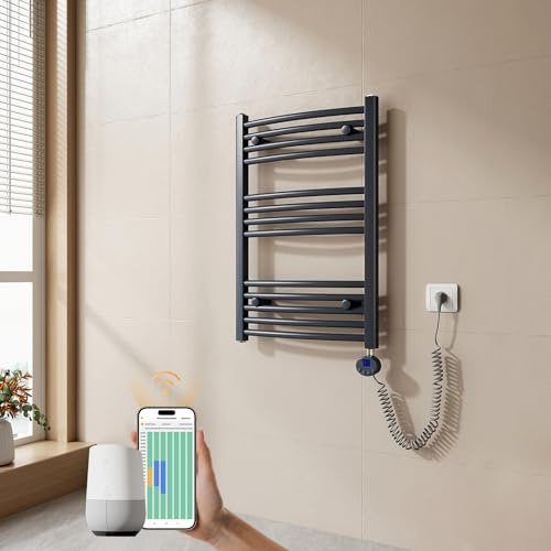 EMKE Scaldasalviette elettrico bagno,Curvo,75 x 50cm, 300W,Scaldasalviette con WIFI Termostato,Anthracite,Radiatore da Bagno,Termoarredo Asciugamani da Bagno