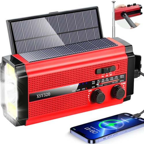 NOAA Radio d'urgence avec manivelle solaire portable SW/AM/FM pour la survie alimentée par batterie rechargeable, batterie remplaçable, horloge SOS alarme et lampe de poche (320 rouge)