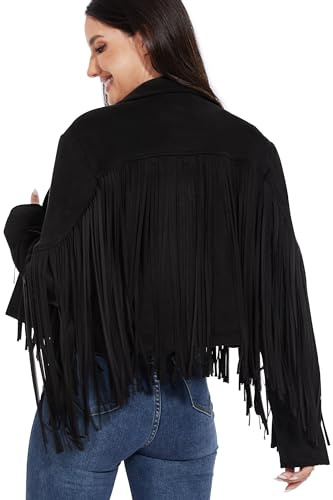 Fahsyee Giacche da donna in pelle con frange - Camoscio Faux Motocycle Biker Cappotto corto Vegan Blazer Pleather Moda nappa S-XXL, nero, X-Large