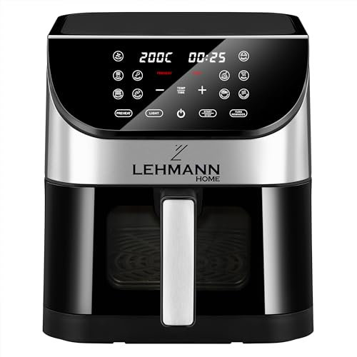 LEHMANN Heißluftfritteuse 6L mit Sichtfenster, 1500 W, Air Fryer mit 12 Programmen, Temperaturkontrolle 76-200°C, Timer, LED-Touchdisplay, Fritteuse ohne Fett für Grillen, Backen und Frittieren