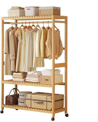 Garderobenständer mit Kleiderstange, Oberes Lagerregal und Zweischichtiges Lagerregal, Bambus Kleiderständer mit Rollen, für Flur Schlafzimmer Wohnzimmer, 63~98 * 34 * 160 cm